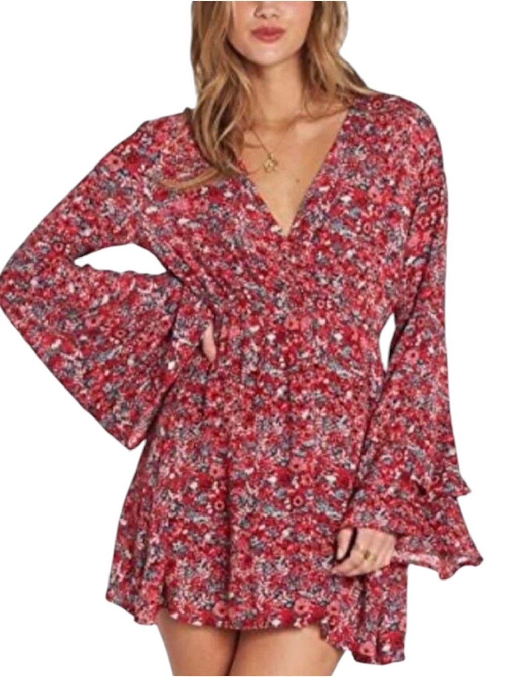 Billabong Red Floral V-Neck Flared Long Sleeve Dress